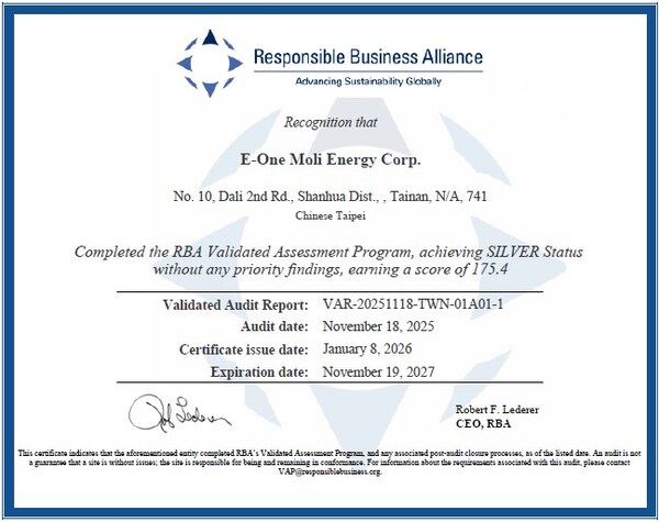 能元科技荣获RBA银级认证 树立电池制造行业伦理新标杆